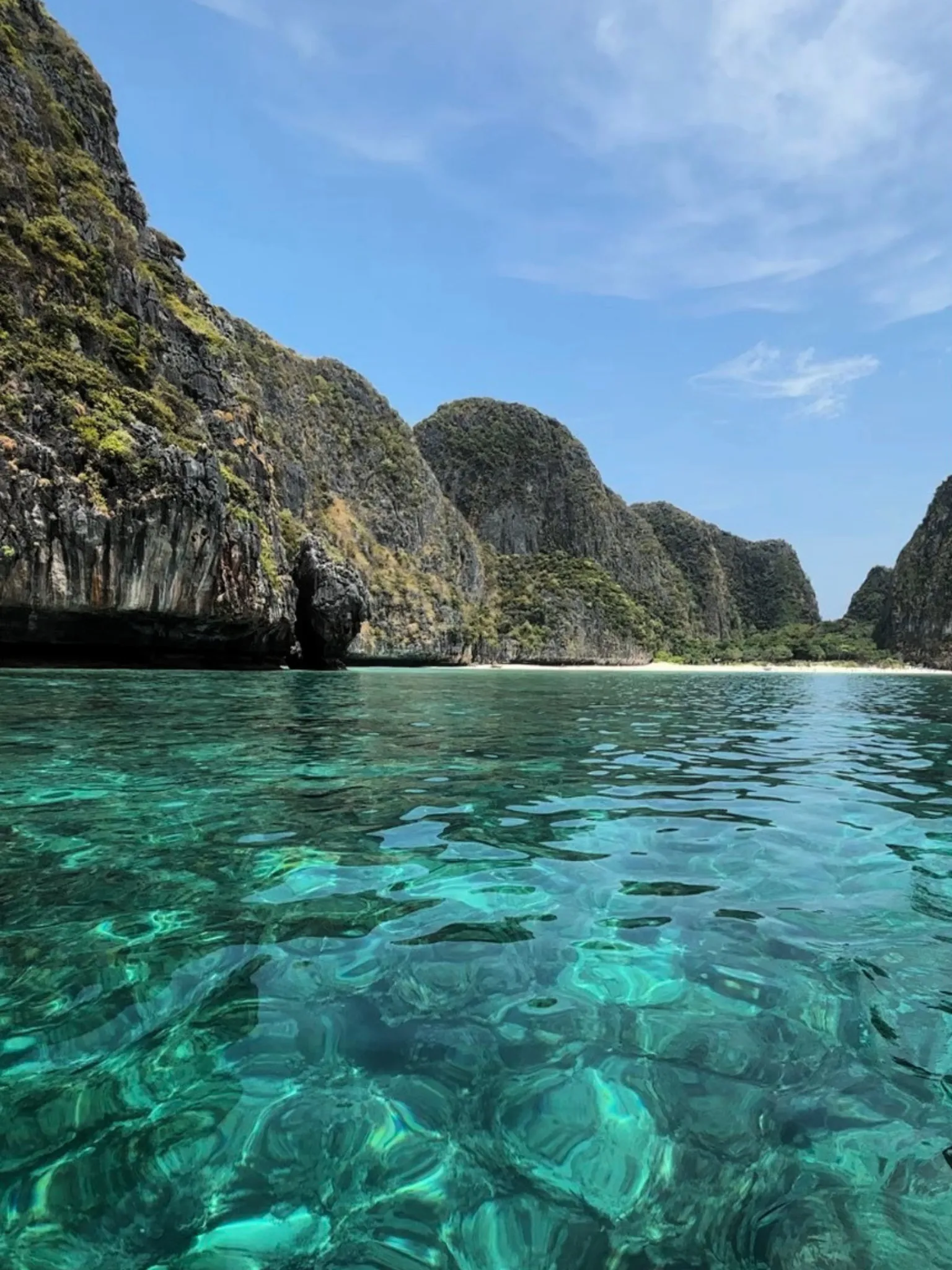Maya Bay seen from the water during a classic longtail boat trip